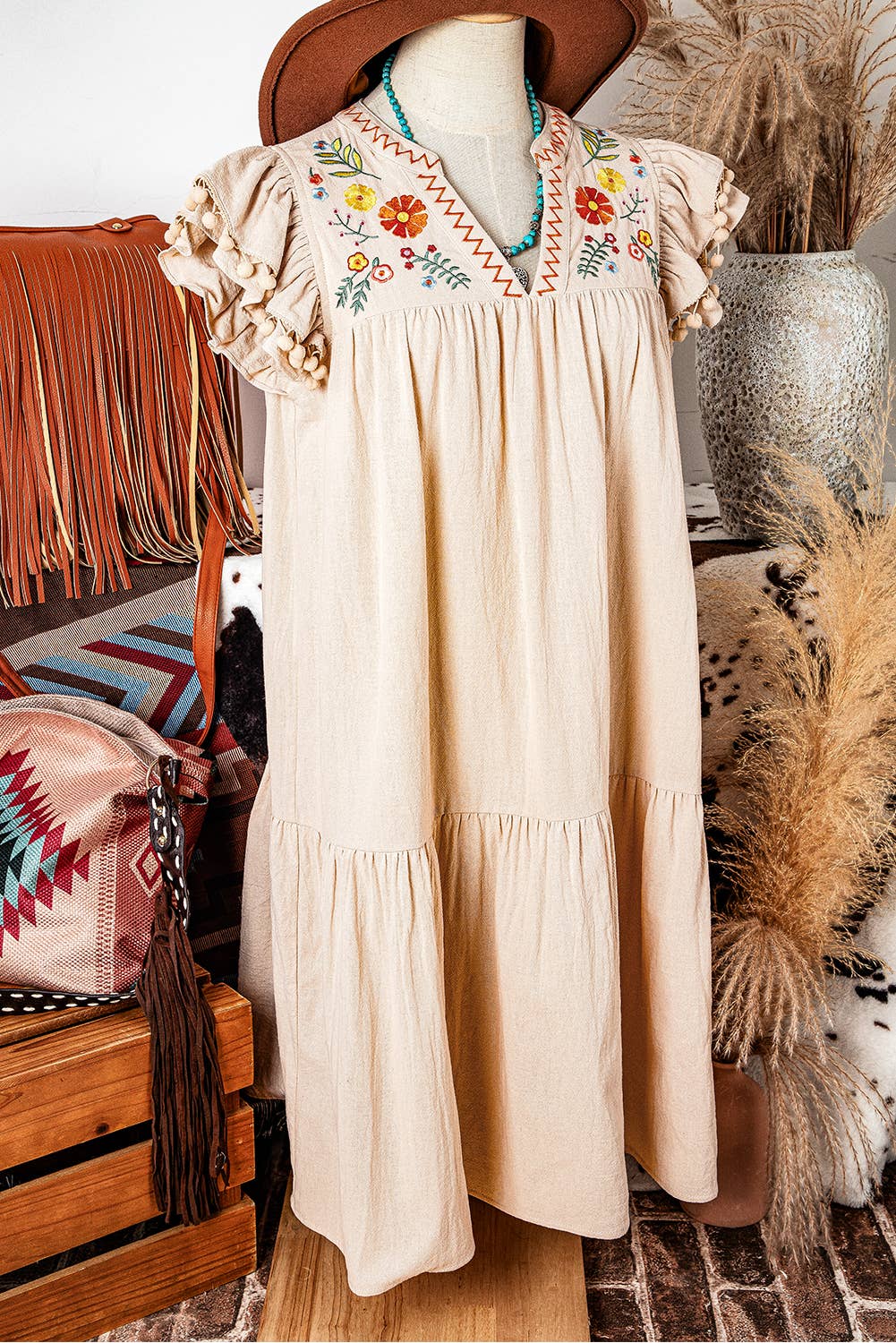 Linen Embroidery Pom Pom Ruffle Sleeves Flowy Short Dress