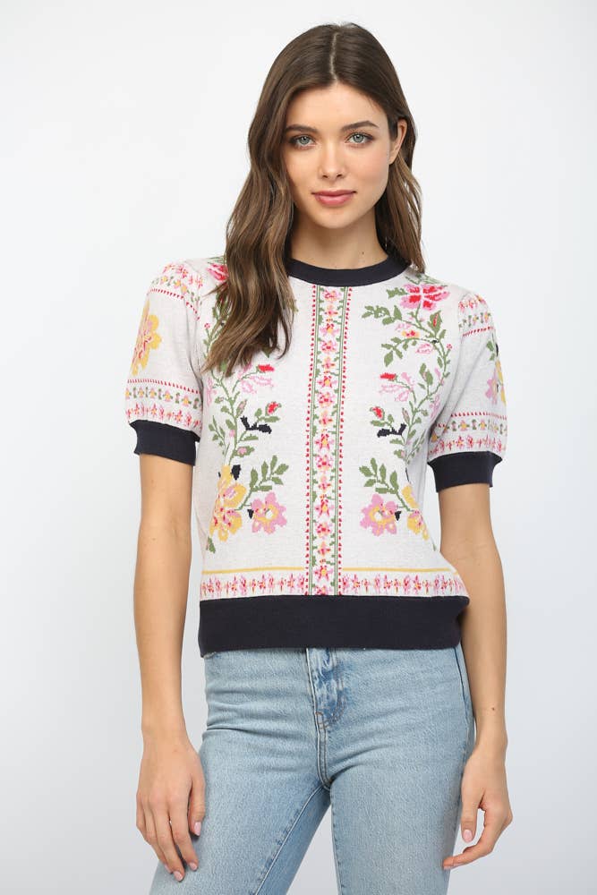 Floral Motif Short Sleeve Sweater