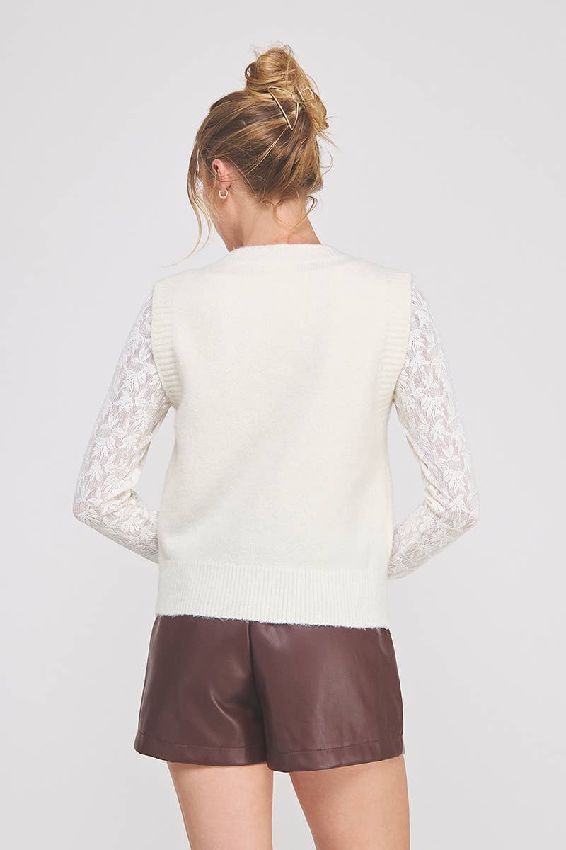 Cream Floral Embroidery Sweater Vest