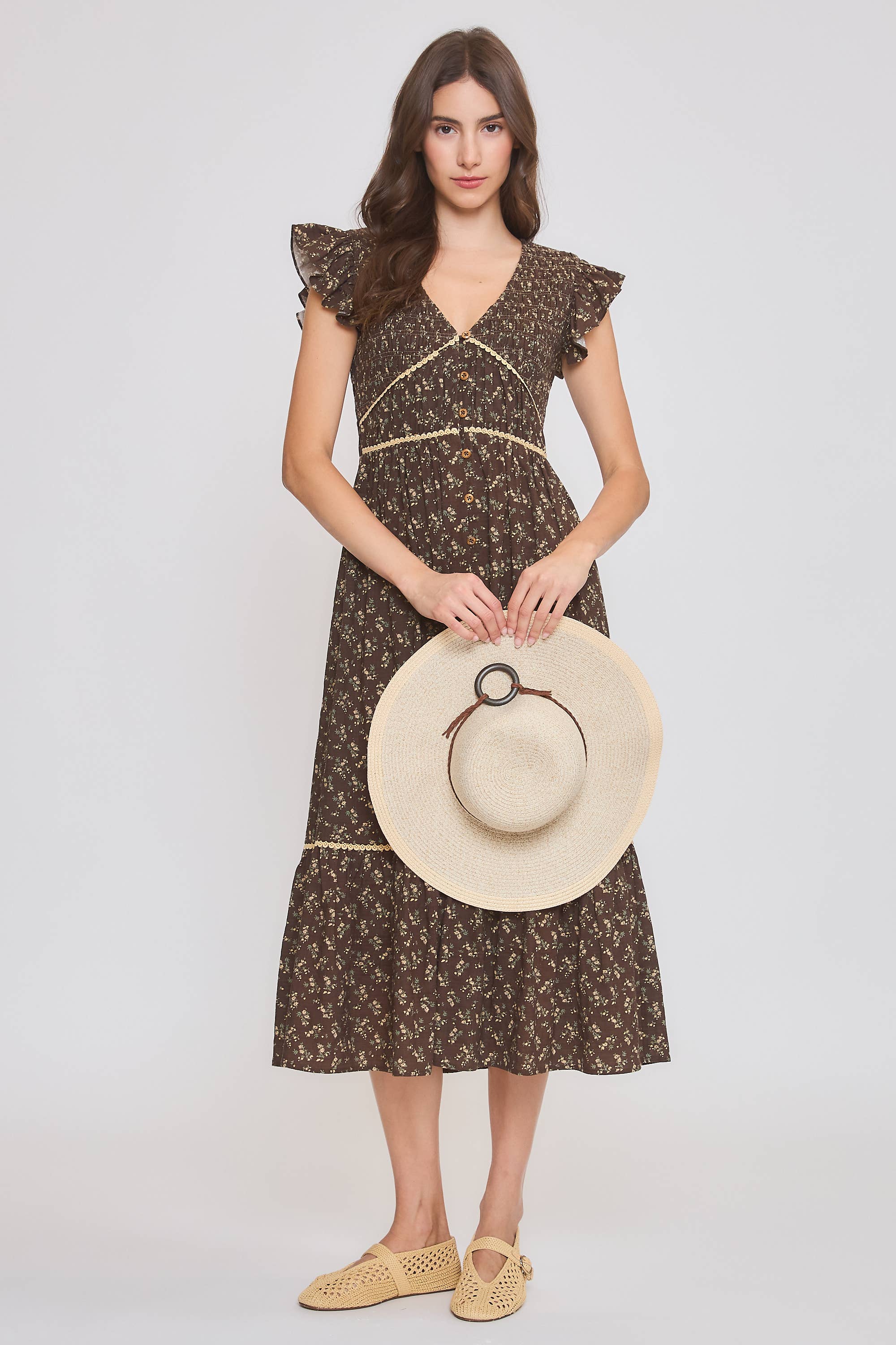 Floral Button-Front Ruffle Sleeves Midi Dress
