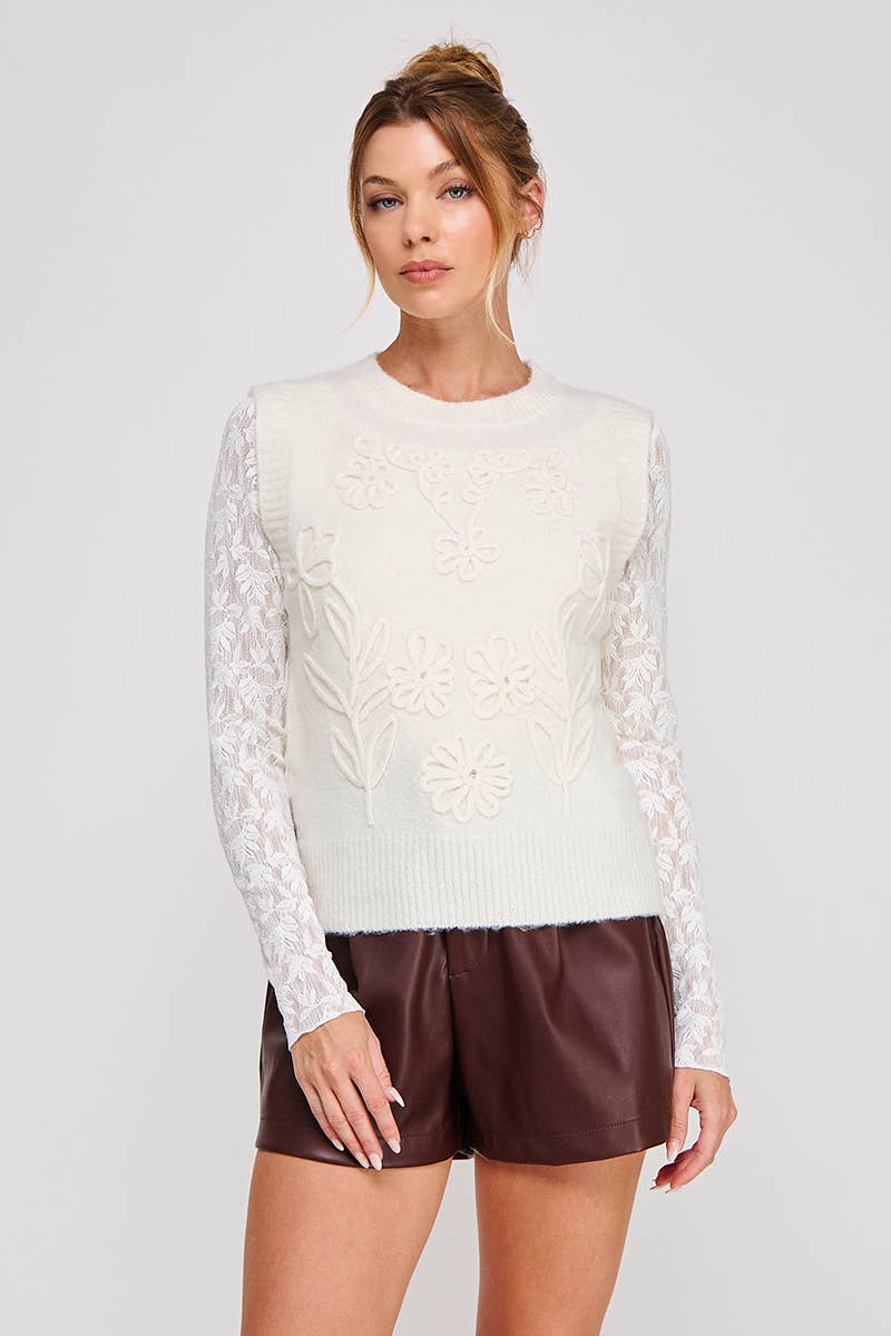 Cream Floral Embroidery Sweater Vest