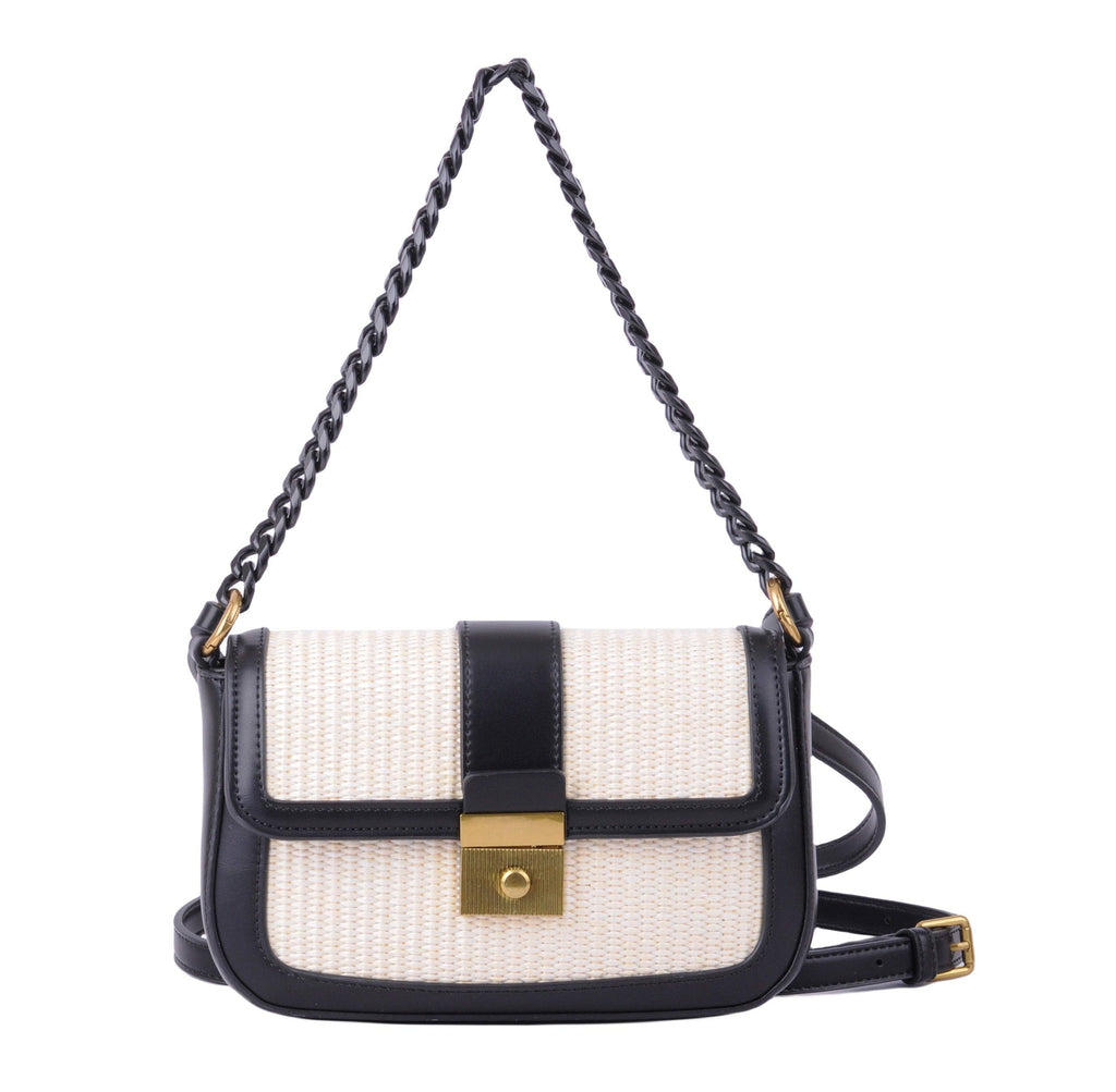 Raffia Crossbody Bag with PU Trims and Chain