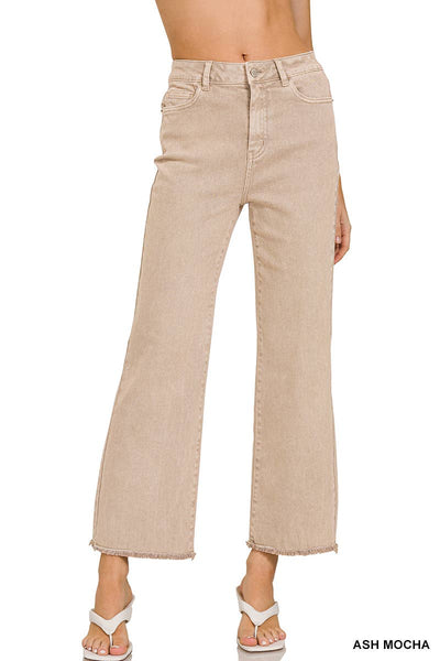 Acid Washed High Waist Frayed Hem Bootcut Pants