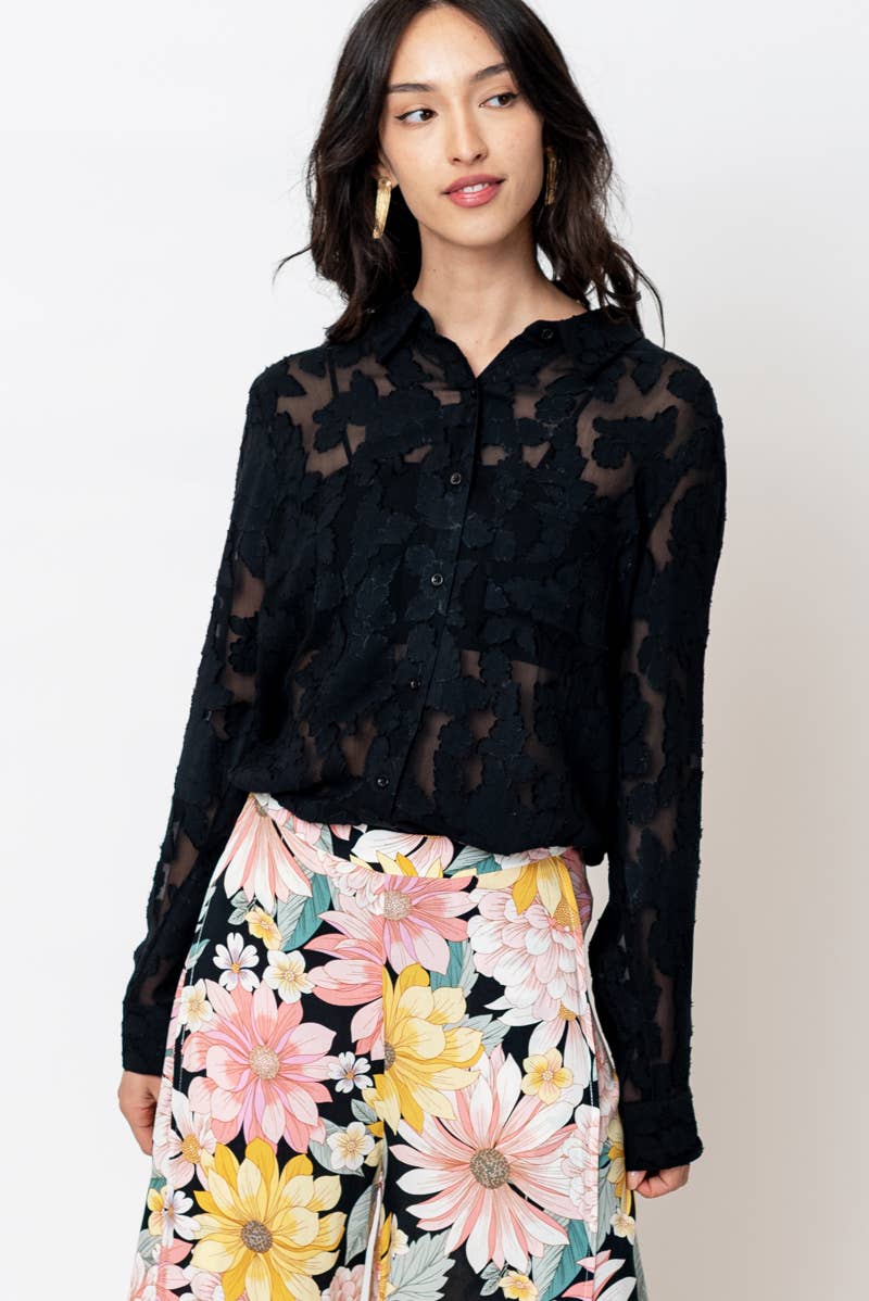 Long Sleeve Burnout Button Down Blouse