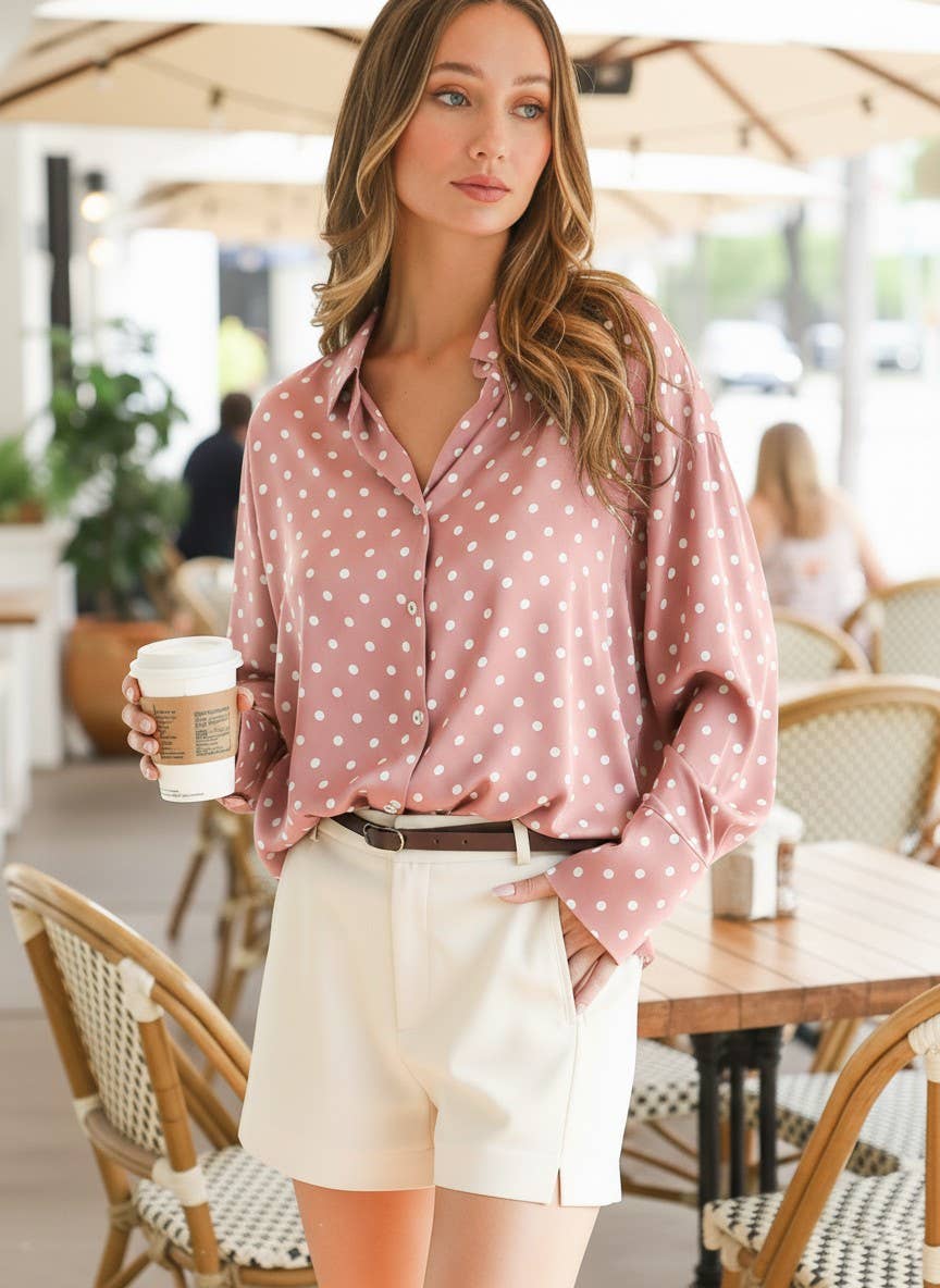 Polka Dot Long Sleeve Satin Top