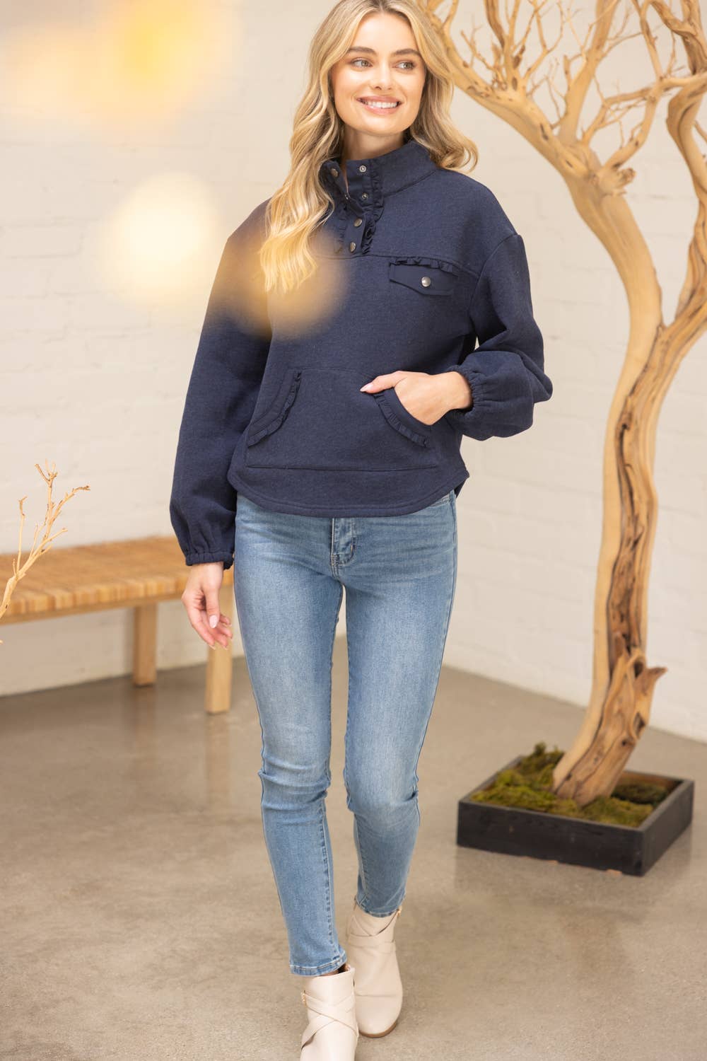 Navy Blue Quarter Snap Button Sweatshirt