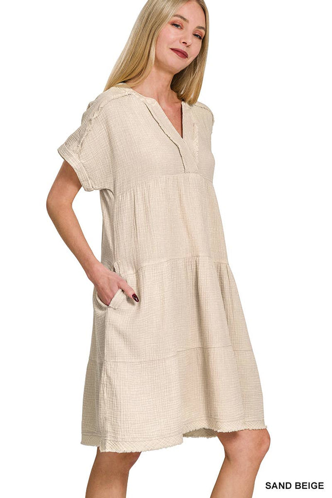 Double Gauze Raw Edge Dress w/ Pockets