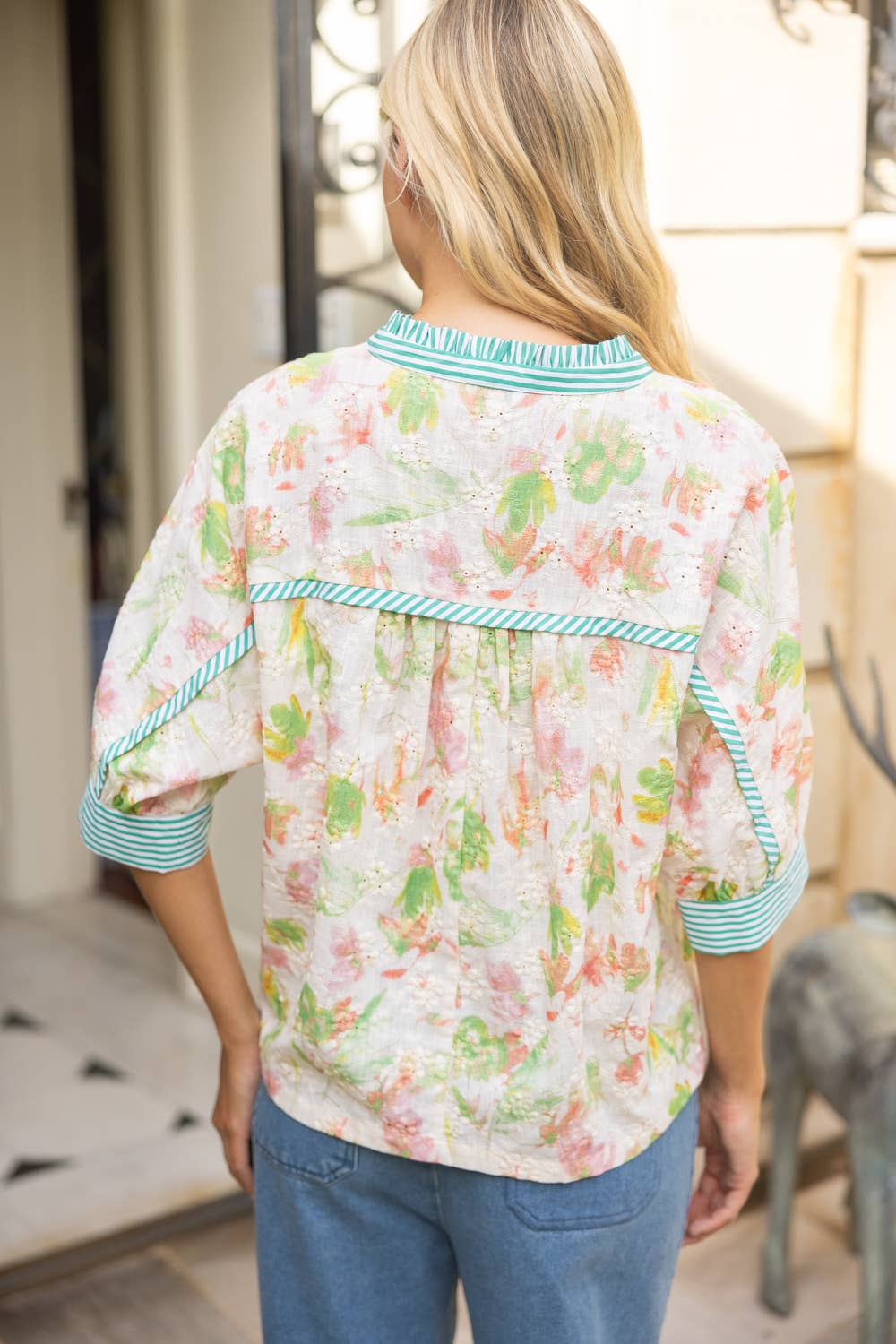 Green Floral Embroidered Stripe Contrast Button-Down Top