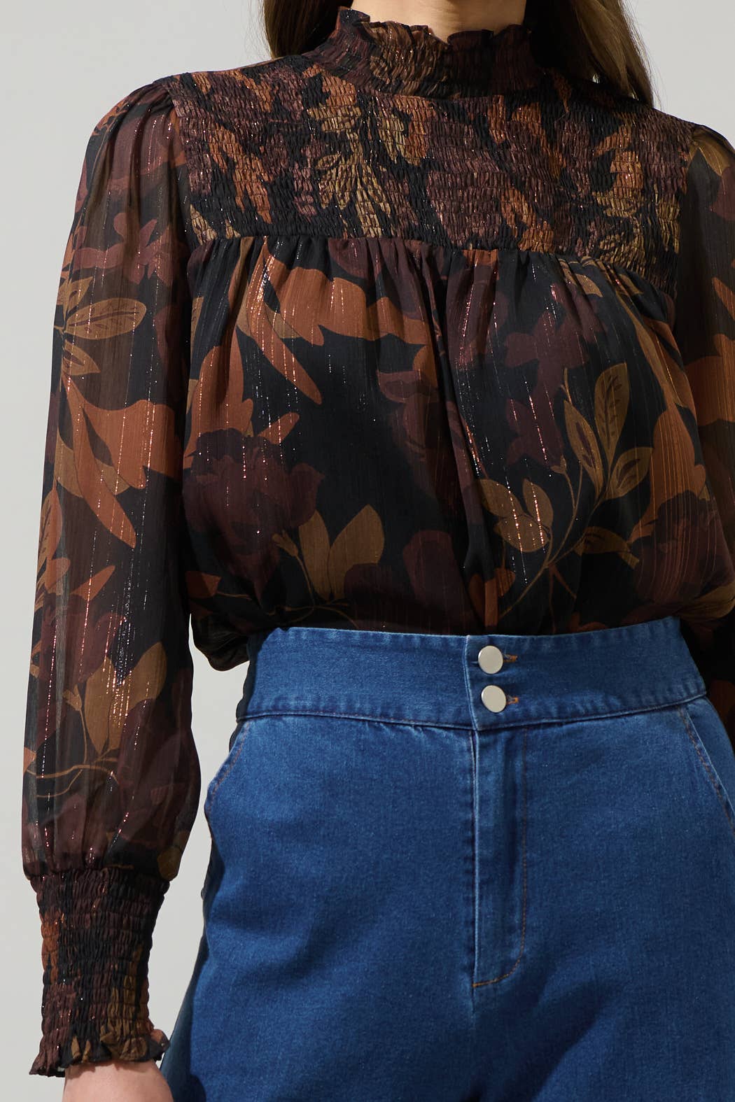 Brown Multi Floral Balloon Sleeve Top