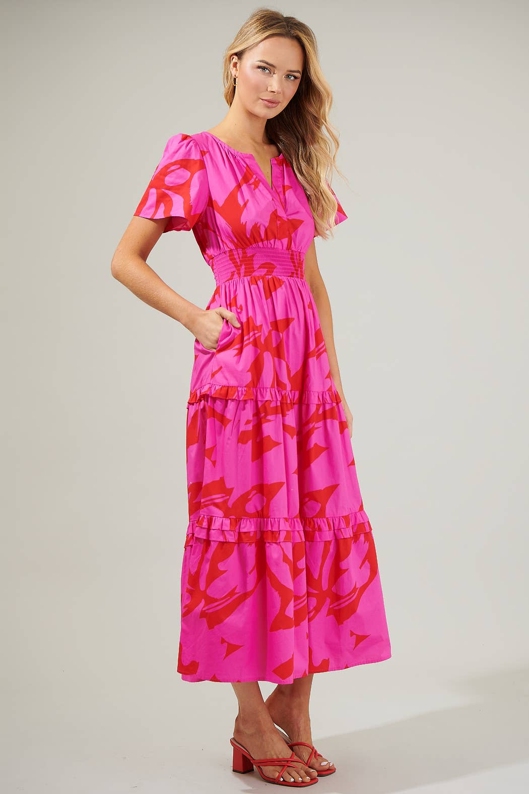 Pink Red Abstract Palmer Poplin Tiered Maxi Dress