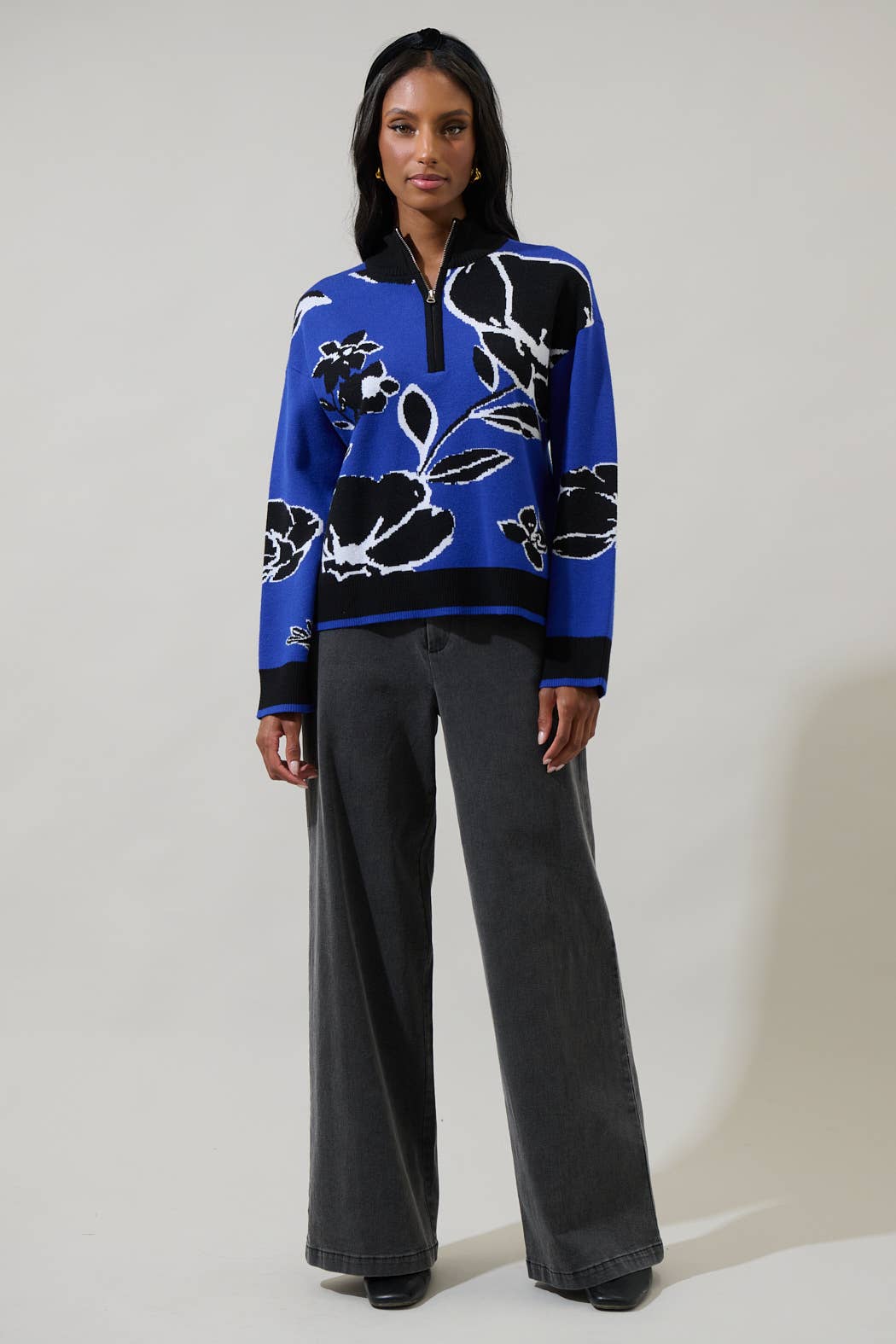 Cobalt Blue Floral Zip Up Sweater