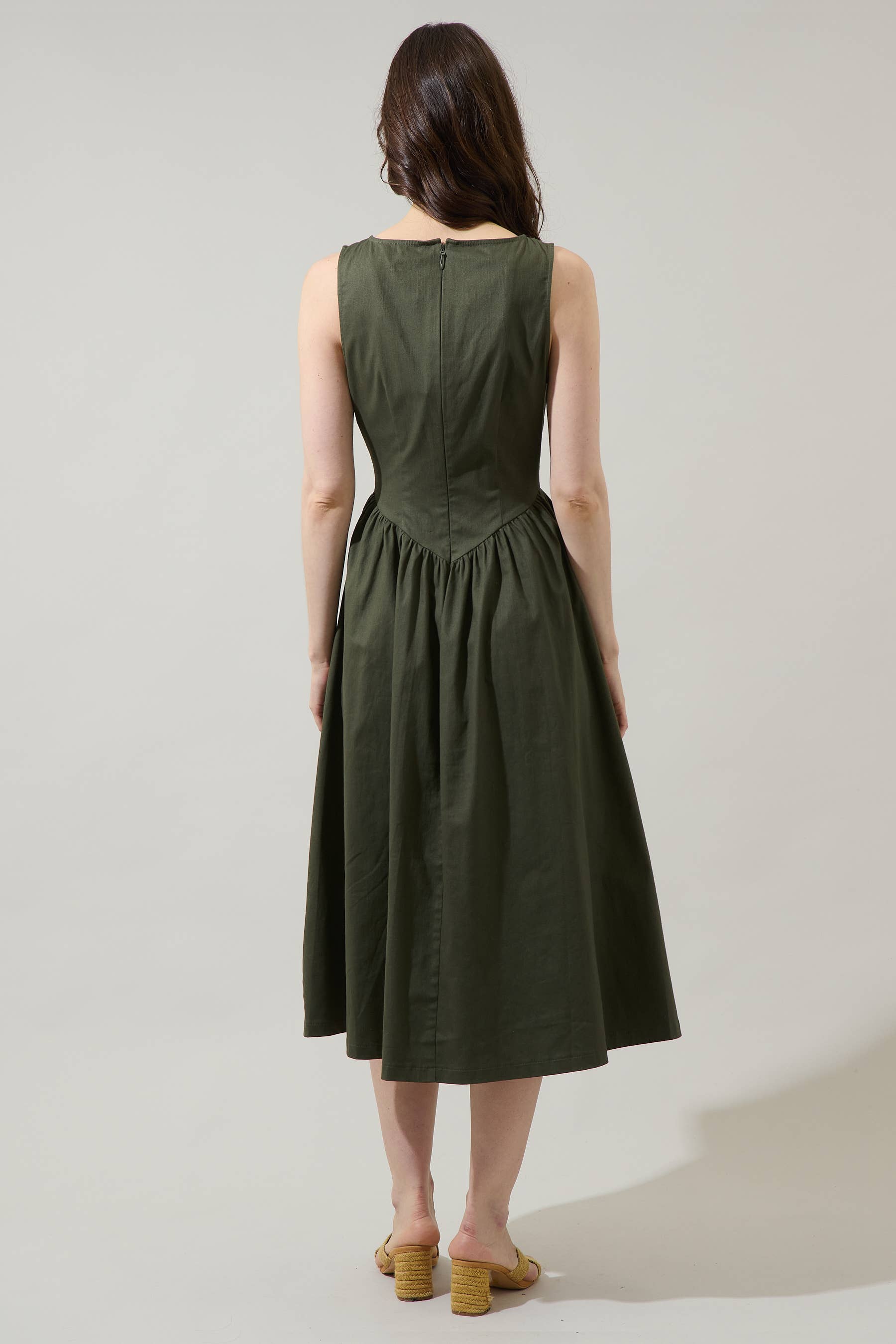 Olive Sleeveless Boat Neck Midi Dress with Pockets