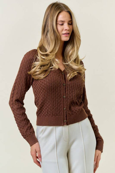 Brown Pointelle Cardigan with Rose Buttons