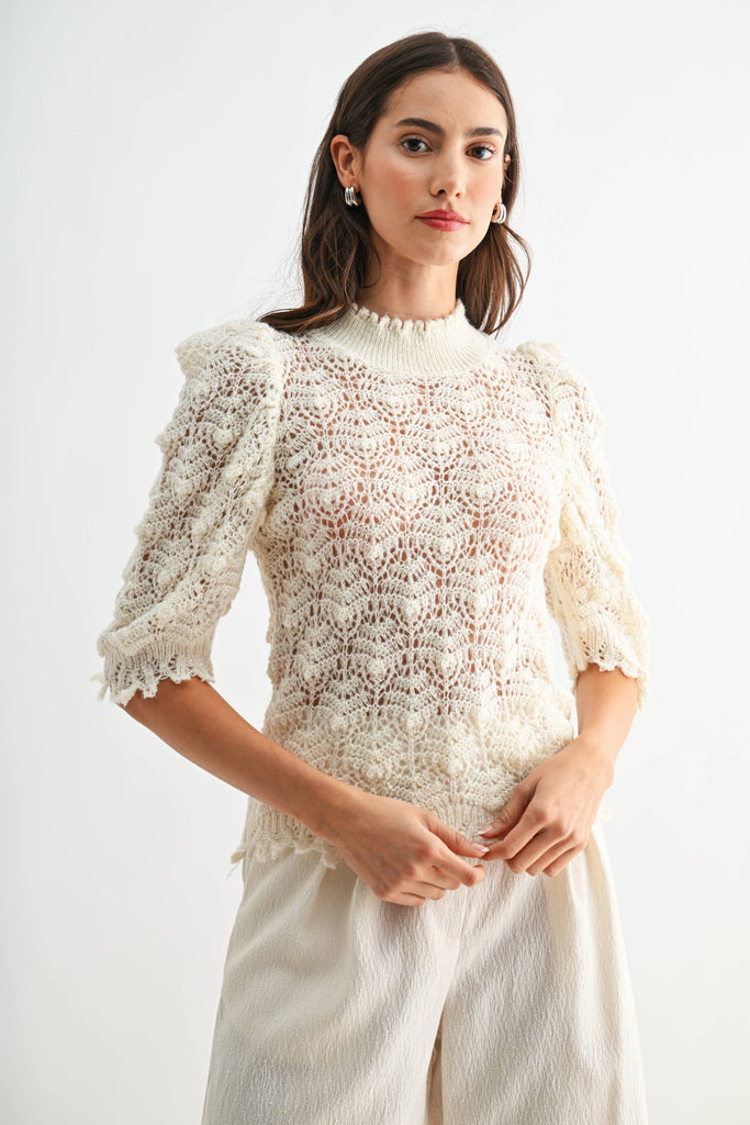 Crochet Knit Puff Sleeve Top