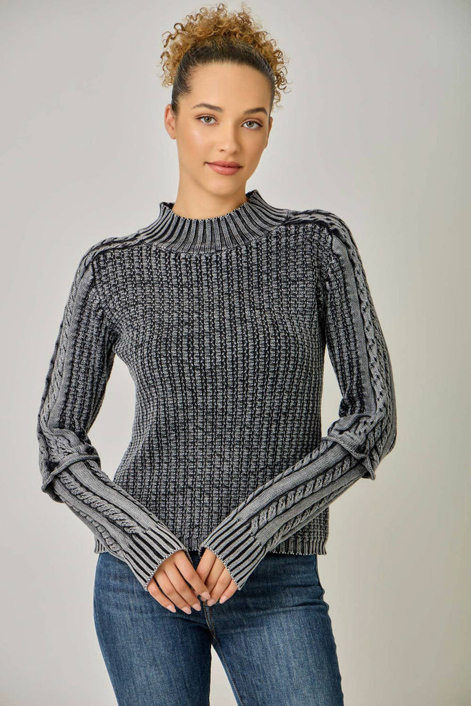 Washed Cable Knit Mock Neck Sweater