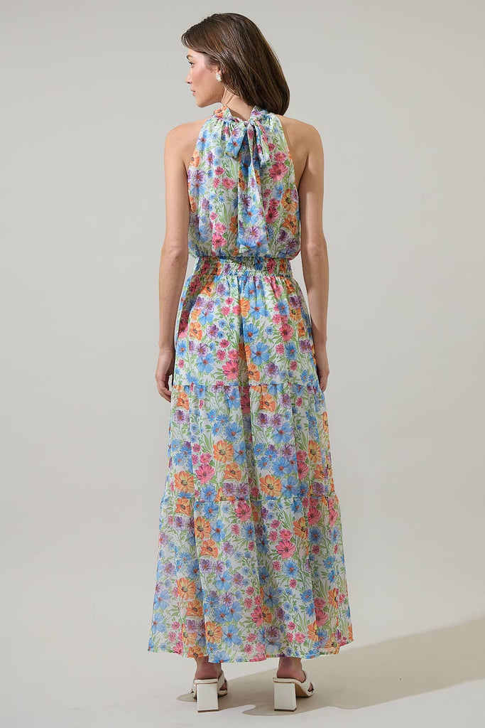 Blue Mixed Floral Halter Maxi Dress