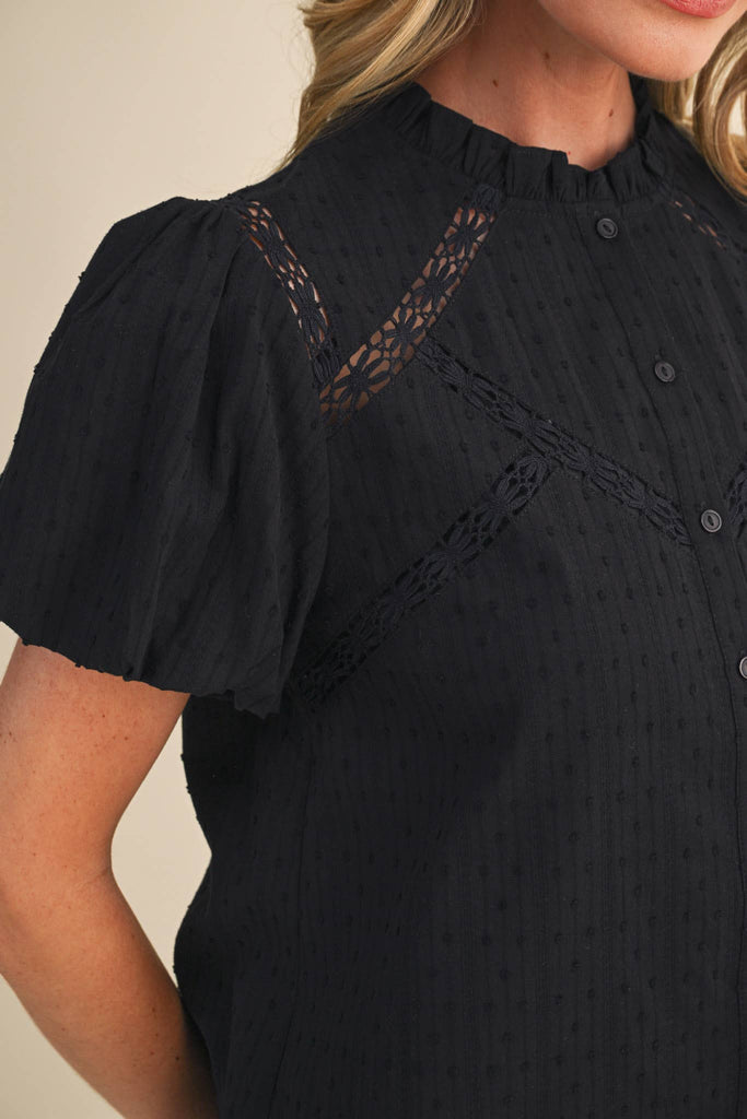 Short Sleeve Button Down Top with Lace Cut Out Trim