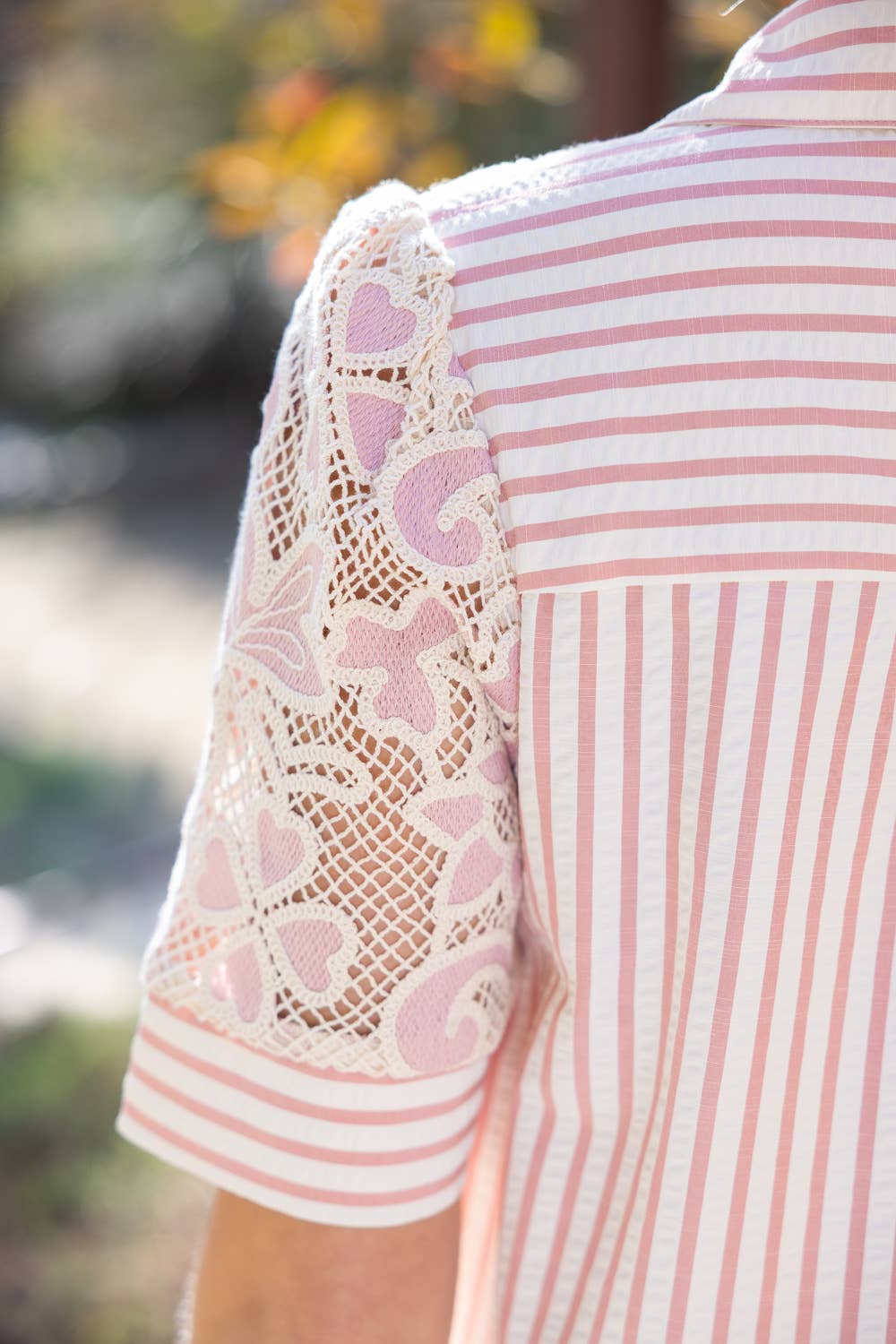 Collared V-Neck Stripe & Lace Mixed Fabric Top