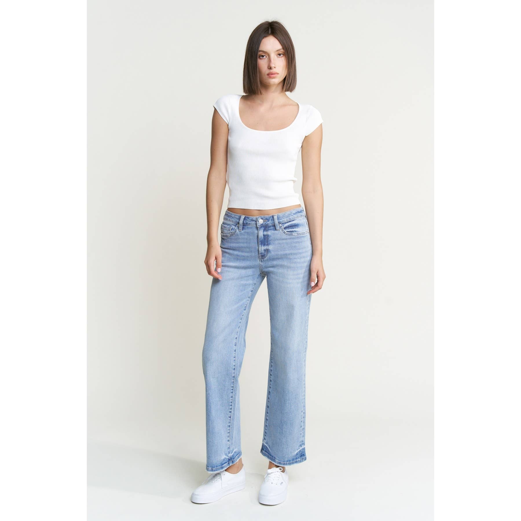 Light Denim Mid Rise Loose Fit Straight Ankle Jeans
