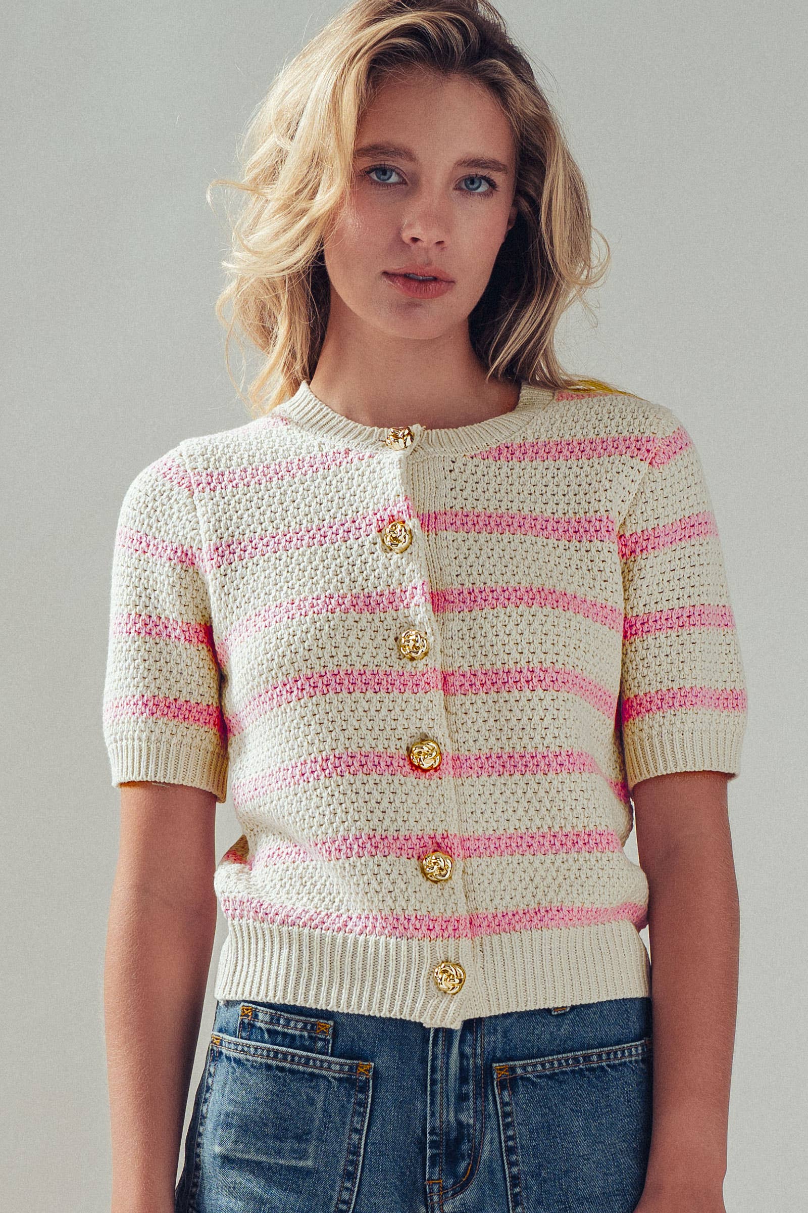 Pink Striped Short Sleeve Cardigan Sweater