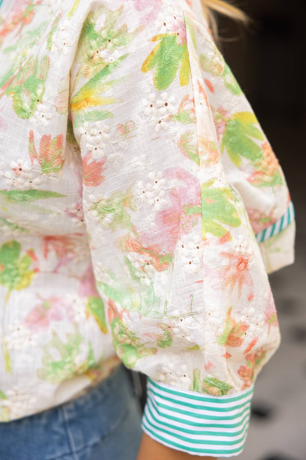 Green Floral Embroidered Stripe Contrast Button-Down Top