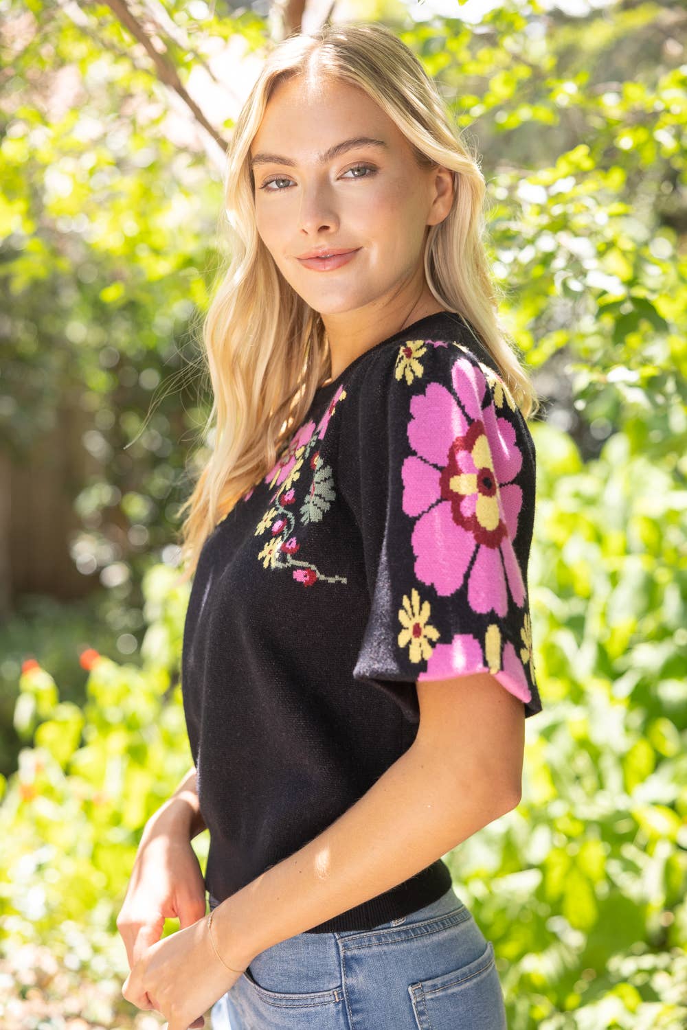 Floral Print Bubble Sleeve Knit Top