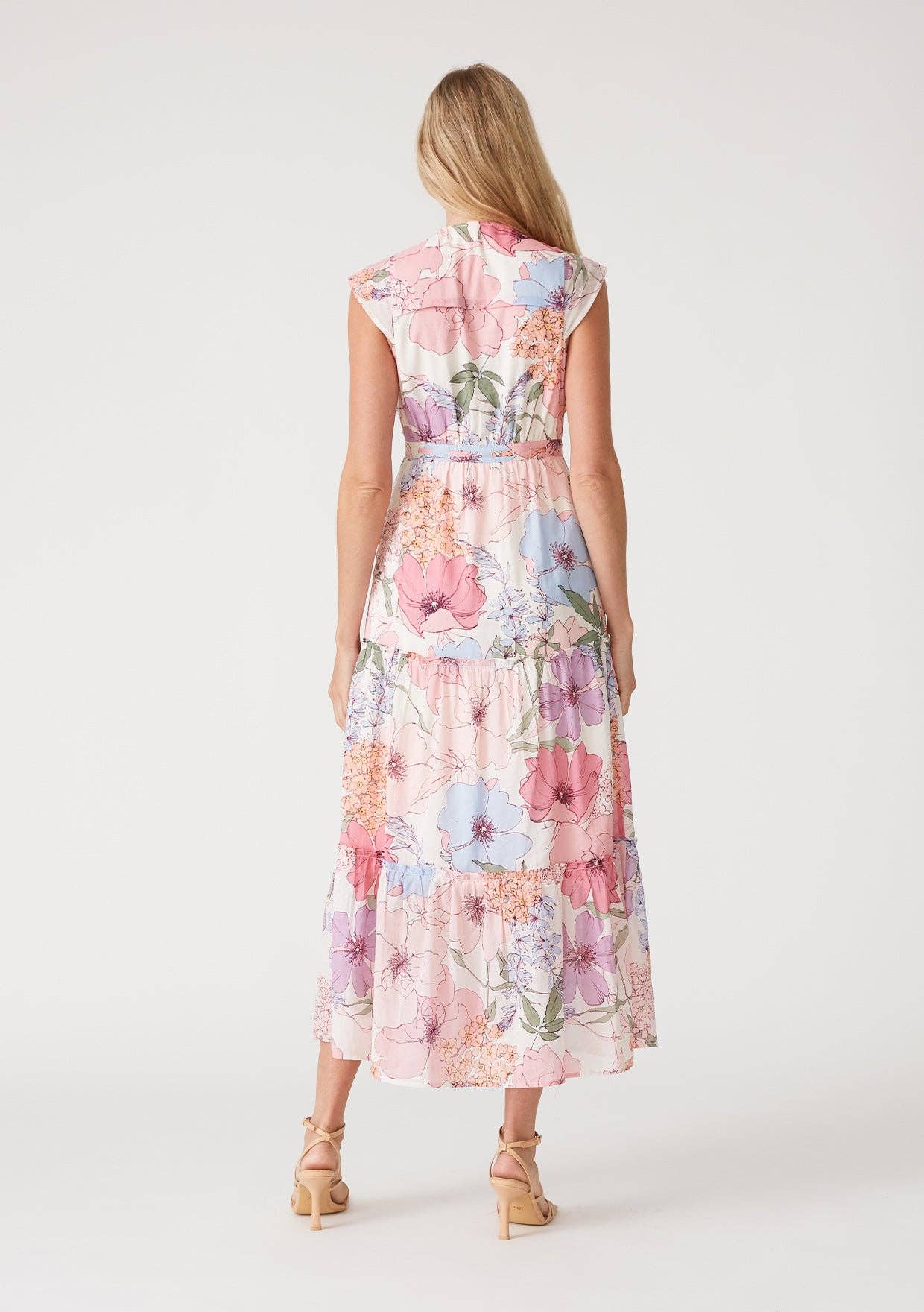 Floral Cap Sleeve Ruffle Tiered Maxi Dress