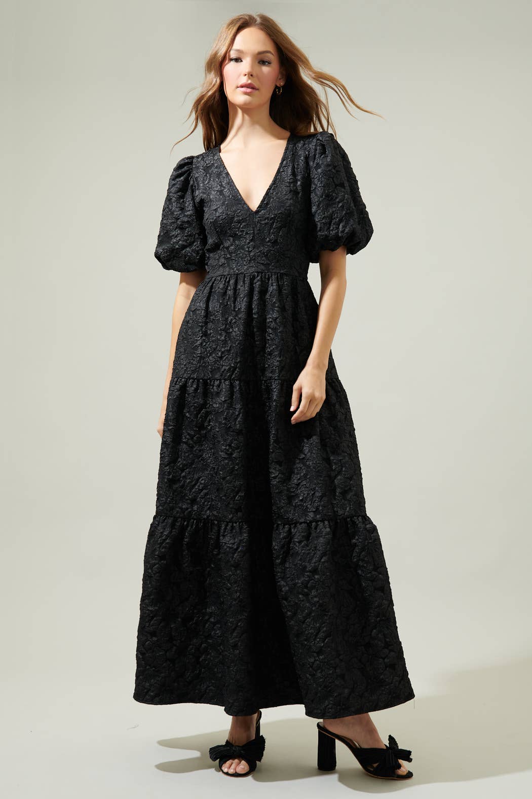 black jacquard dress Black Jacquard Maxi Tiered Dress at Maria Vincent Boutique