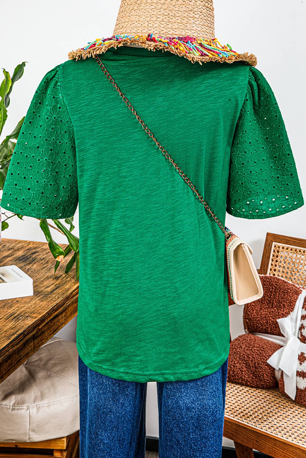 Green Eyelet Puff Sleeve Top