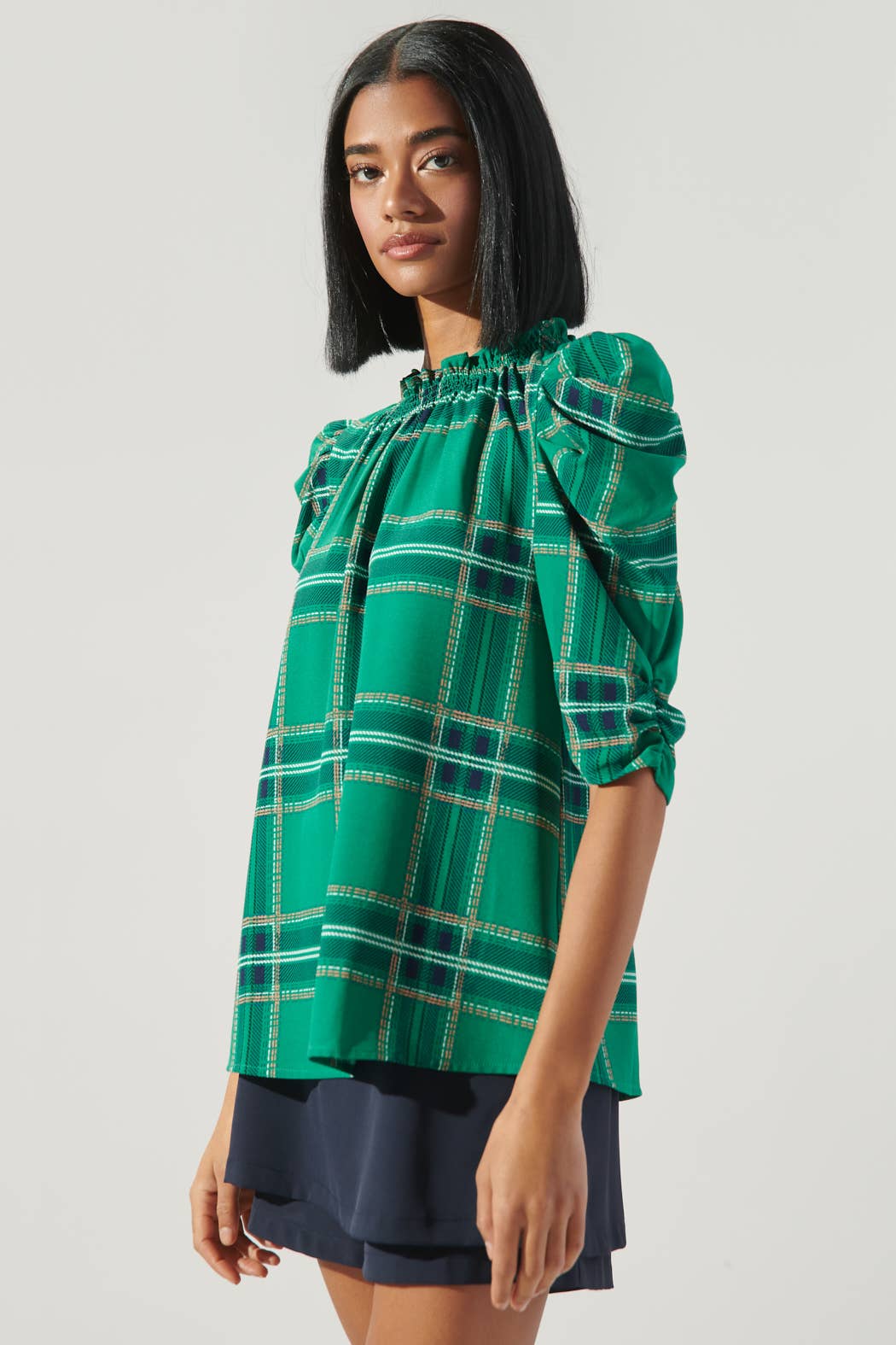 Jade Green Plaid Drape Sleeve Top