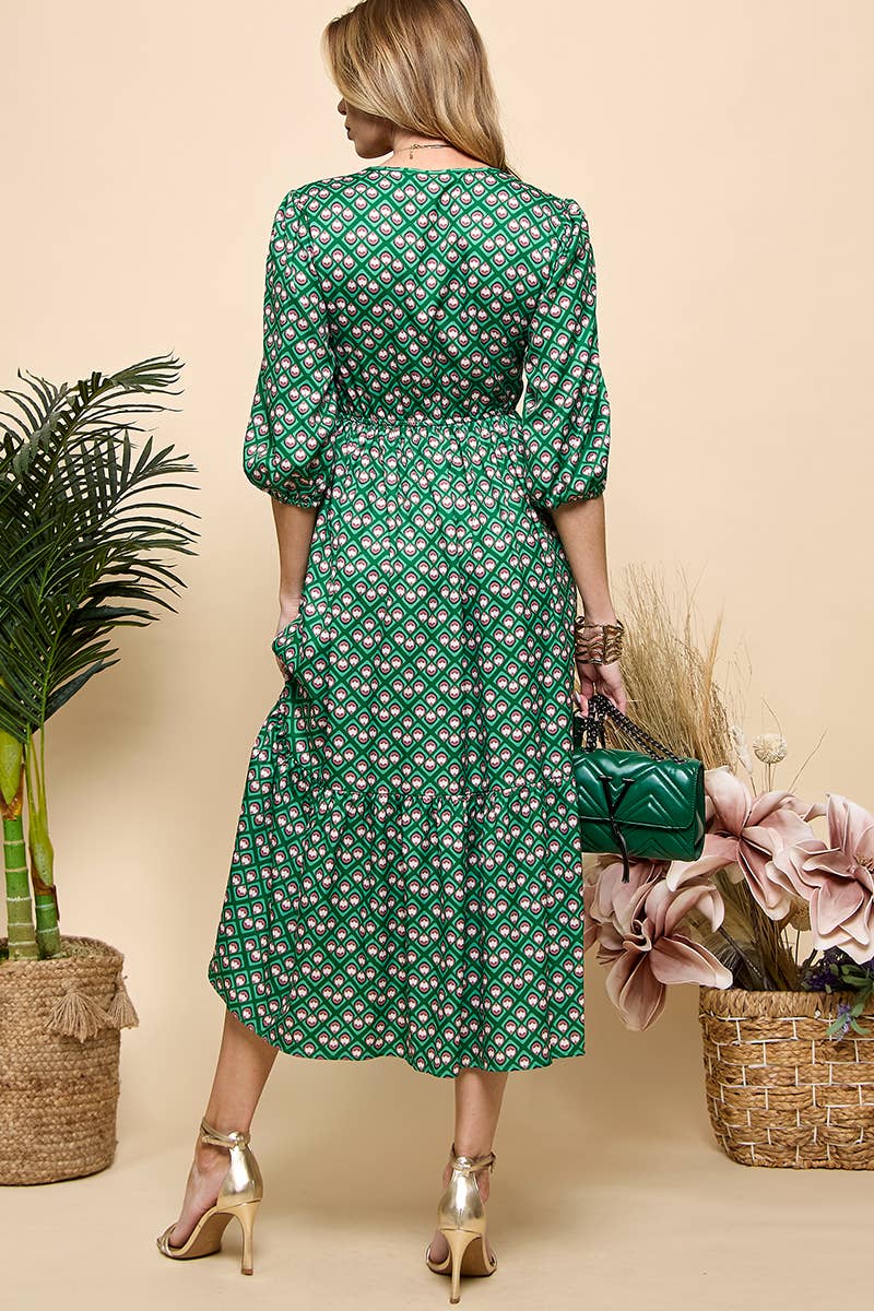 Green Print Smocked Midi Dress