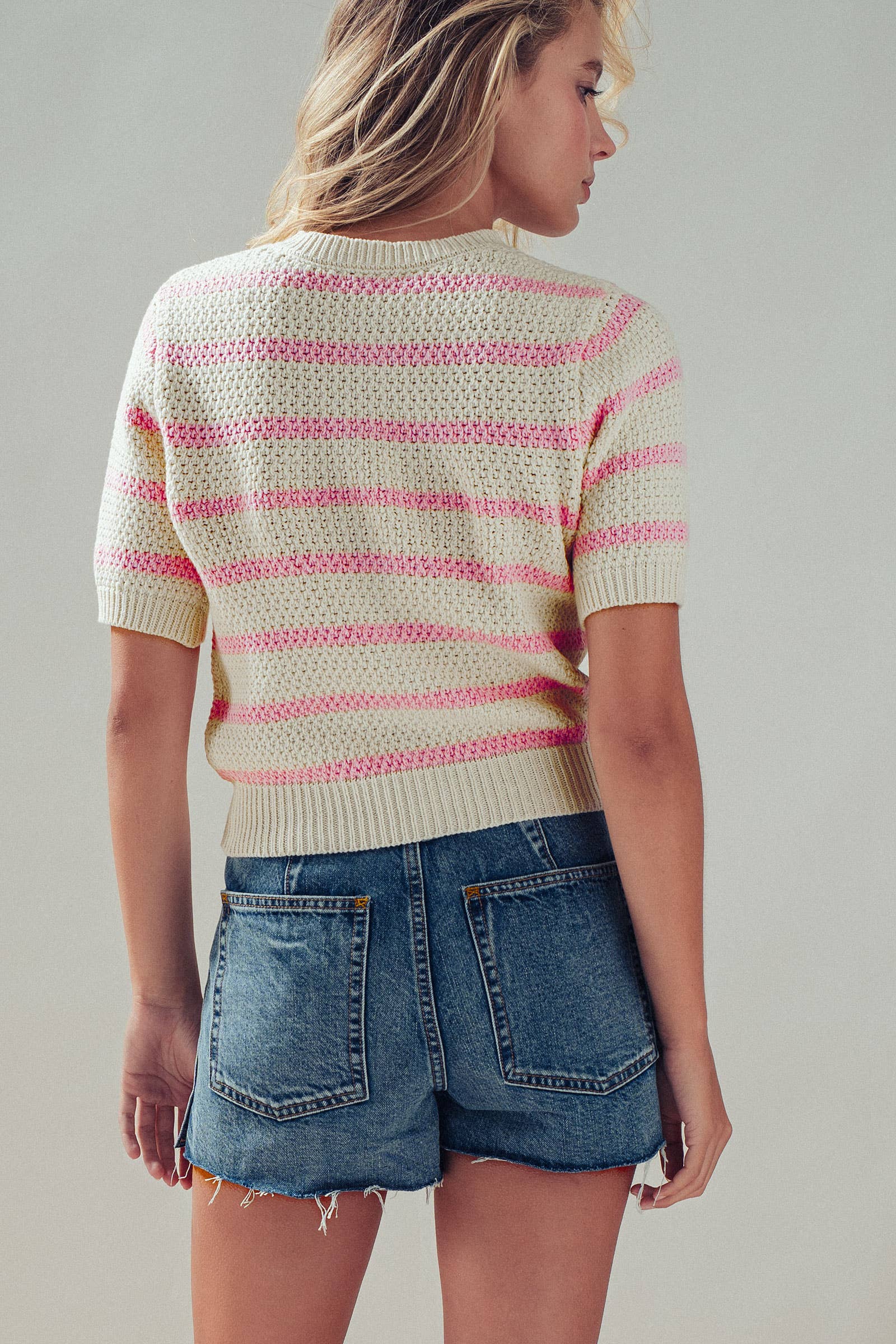 Pink Striped Short Sleeve Cardigan Sweater