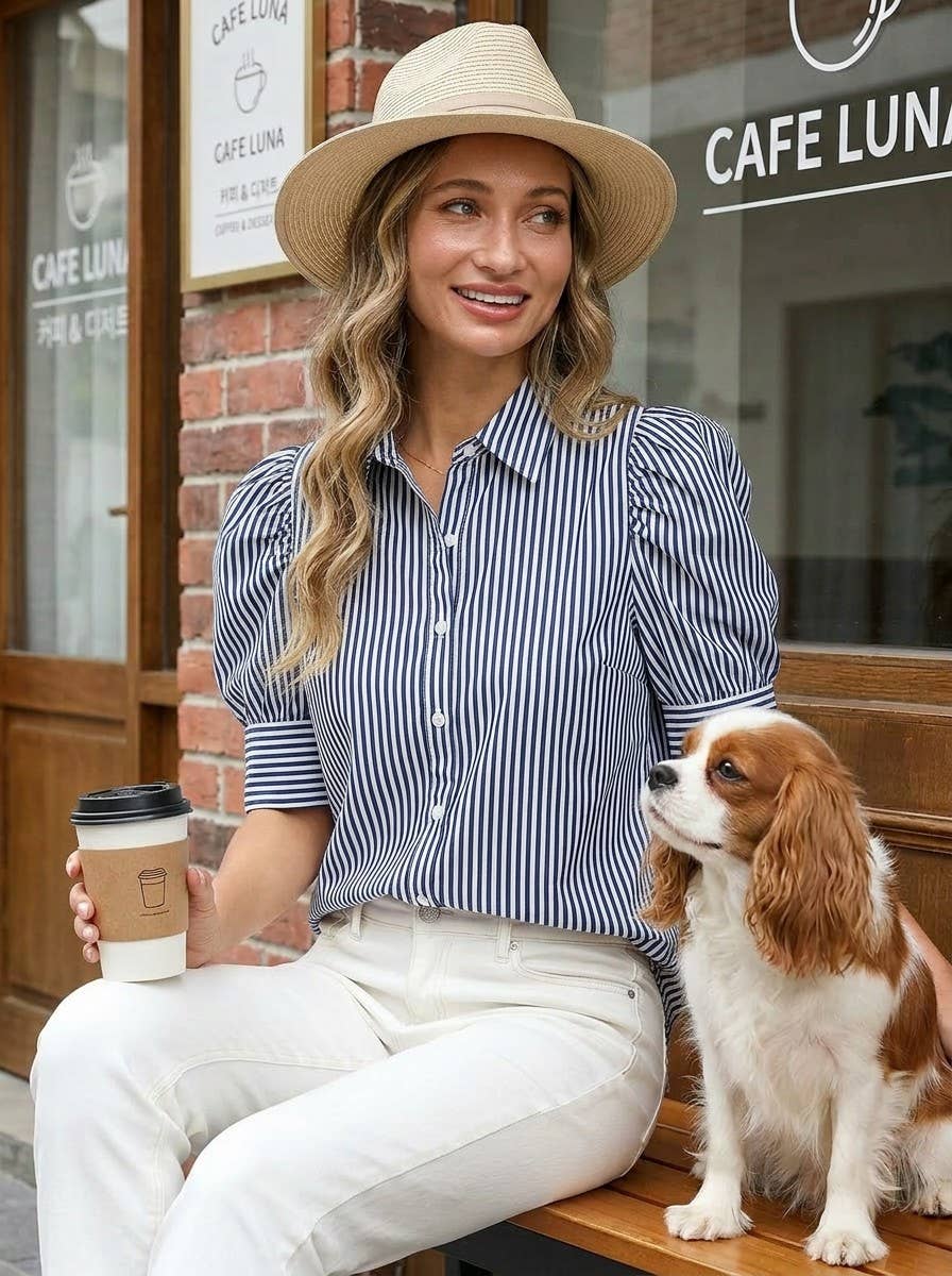 Red & White Stripe Puff Sleeve Blouse | Collared Button-Front Top