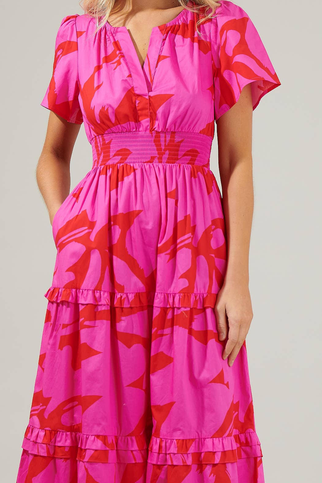 Pink Red Abstract Palmer Poplin Tiered Maxi Dress