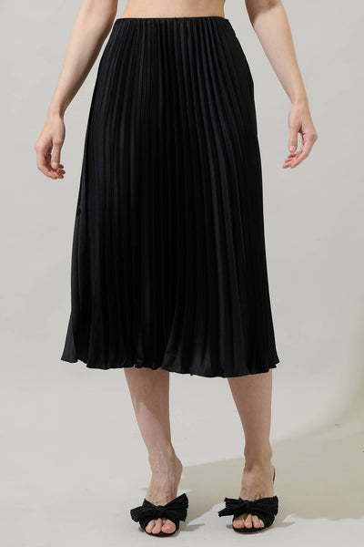 Black Satin Pleated Maxi Skirt