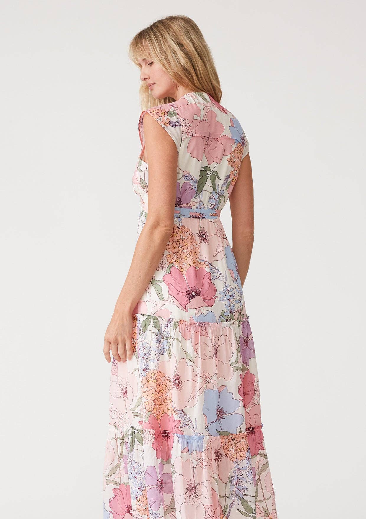 Floral Cap Sleeve Ruffle Tiered Maxi Dress