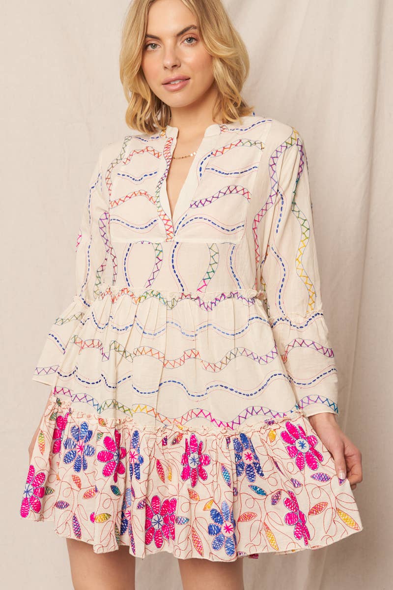 Multicolor Embroidered V-Neck Tiered Mini Dress Multicolor Embroidered V-Neck Tiered Mini Dress
