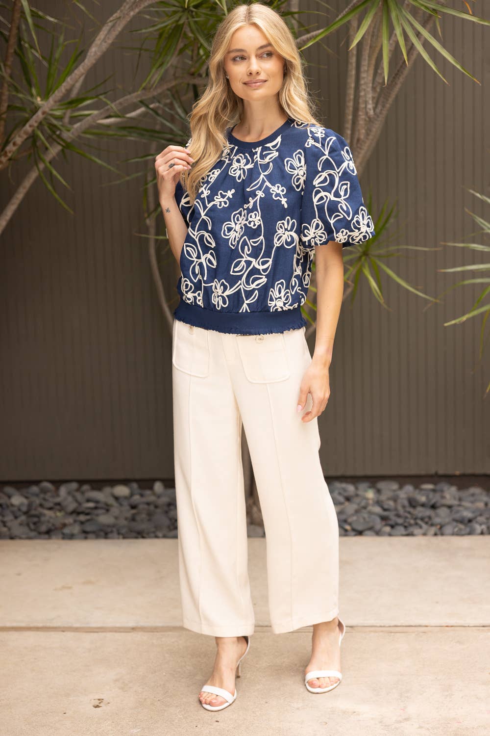 Floral Embroidered Bubble Sleeve Top
