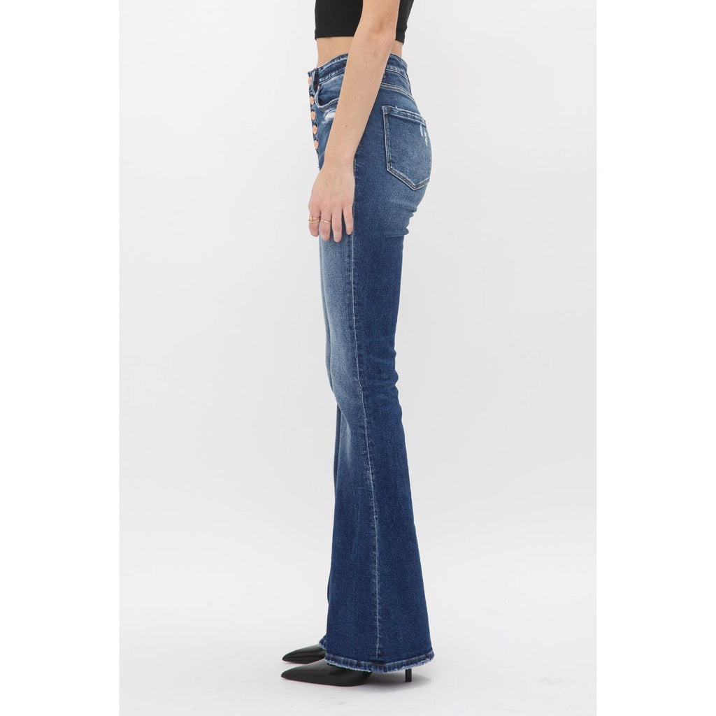 Dark Wash HIgh Rise Button Up Flare Jeans