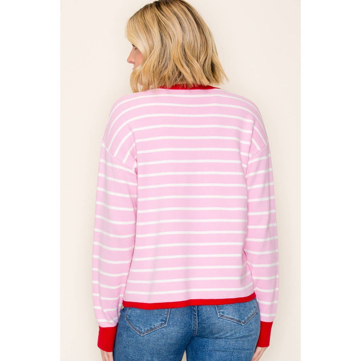 Pink White Color Contrast Striped Sweater