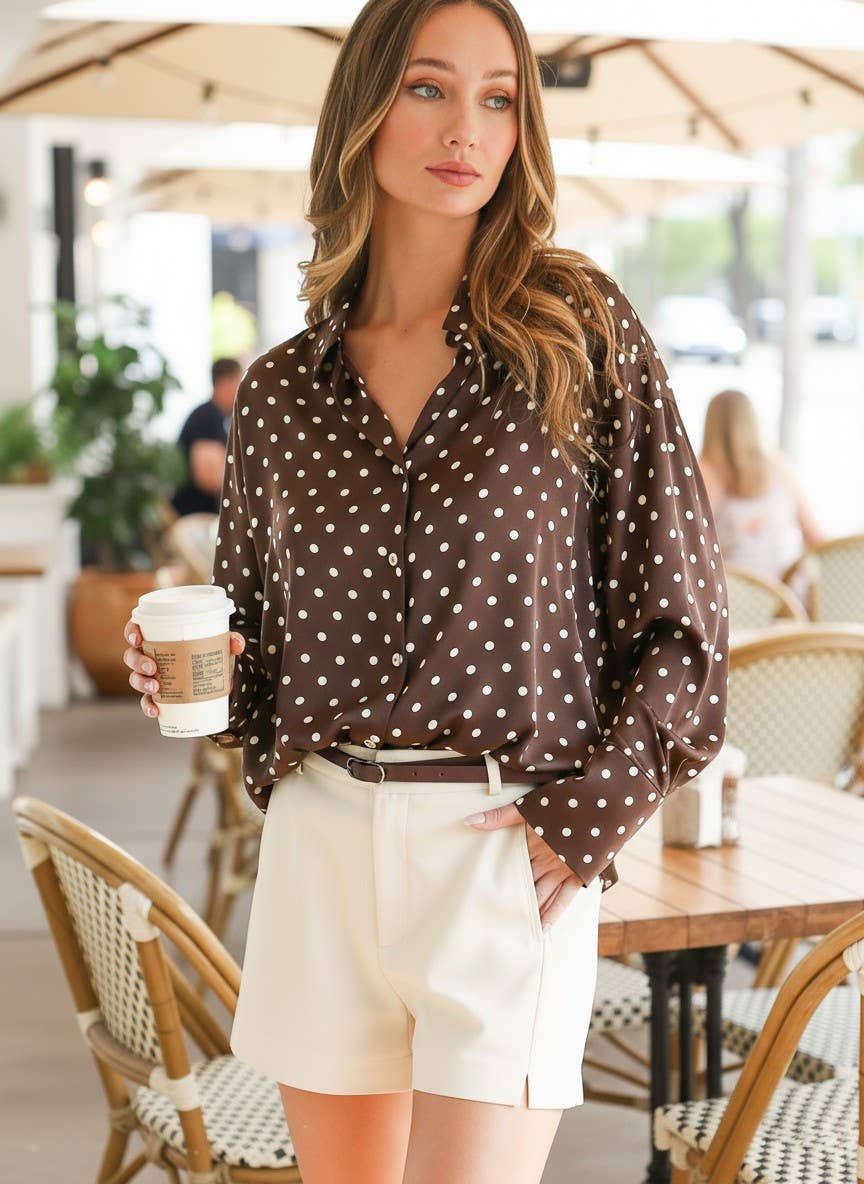 Polka Dot Long Sleeve Satin Top