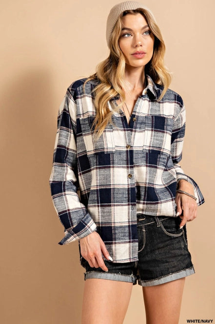 Olive & Leaf Textured Navy Plaid Button Down Top