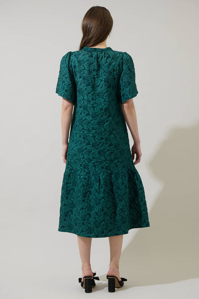 Emerald Green Jacquard Floral Midi Dress