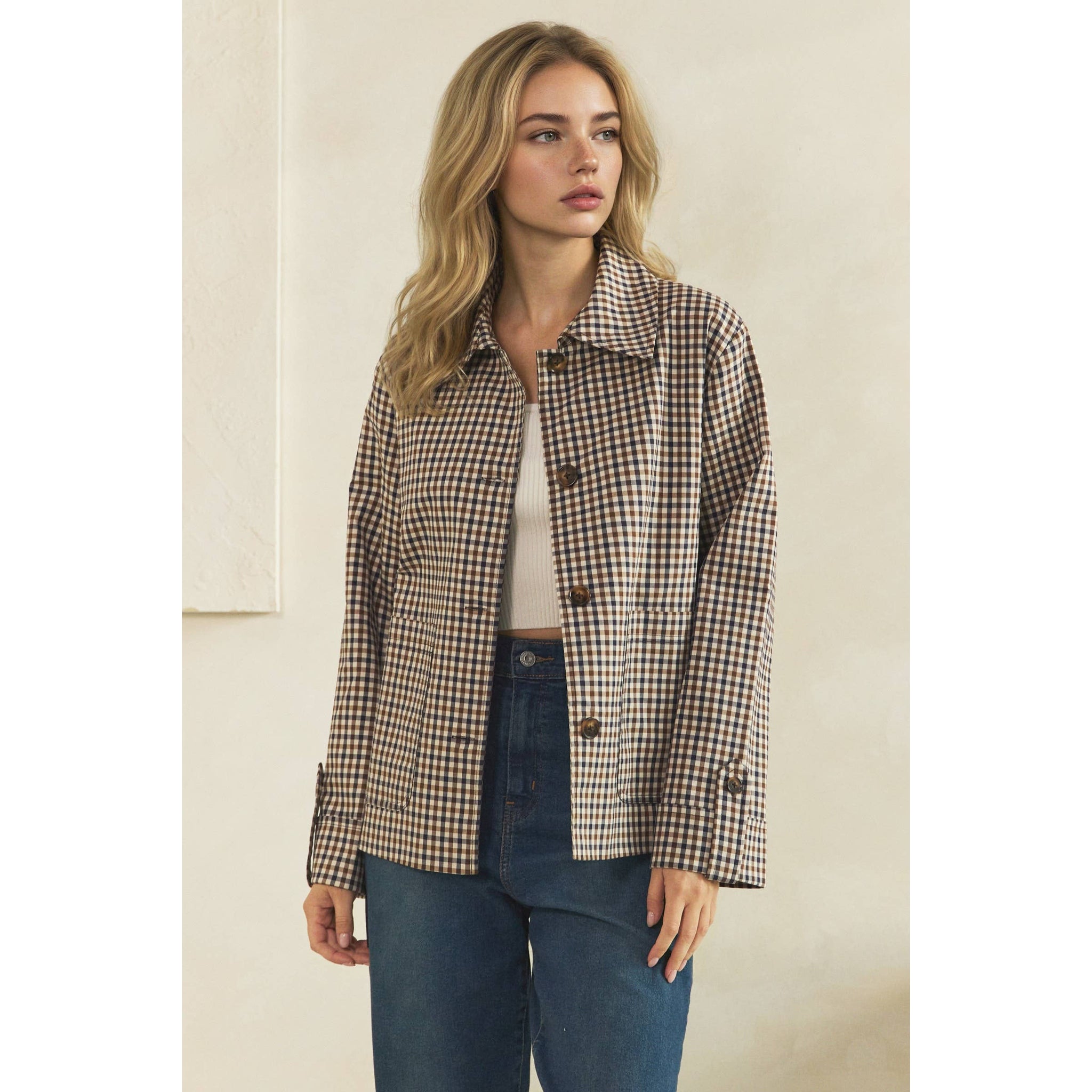 Navy Check Button-Front Jacket