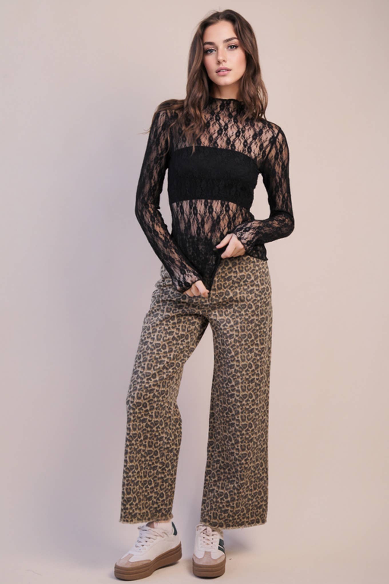 High Neck Fitted Sheer Mesh Lace Knit Top