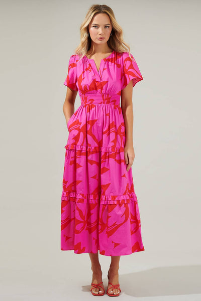 Pink Red Abstract Palmer Poplin Tiered Maxi Dress