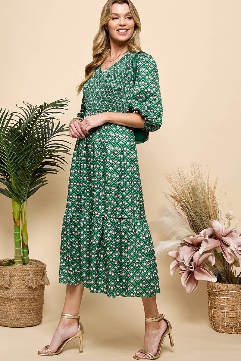 Green Print Smocked Midi Dress at Maria Vincent Boutique
