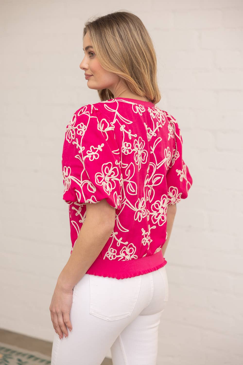 Floral Embroidered Bubble Sleeve Top