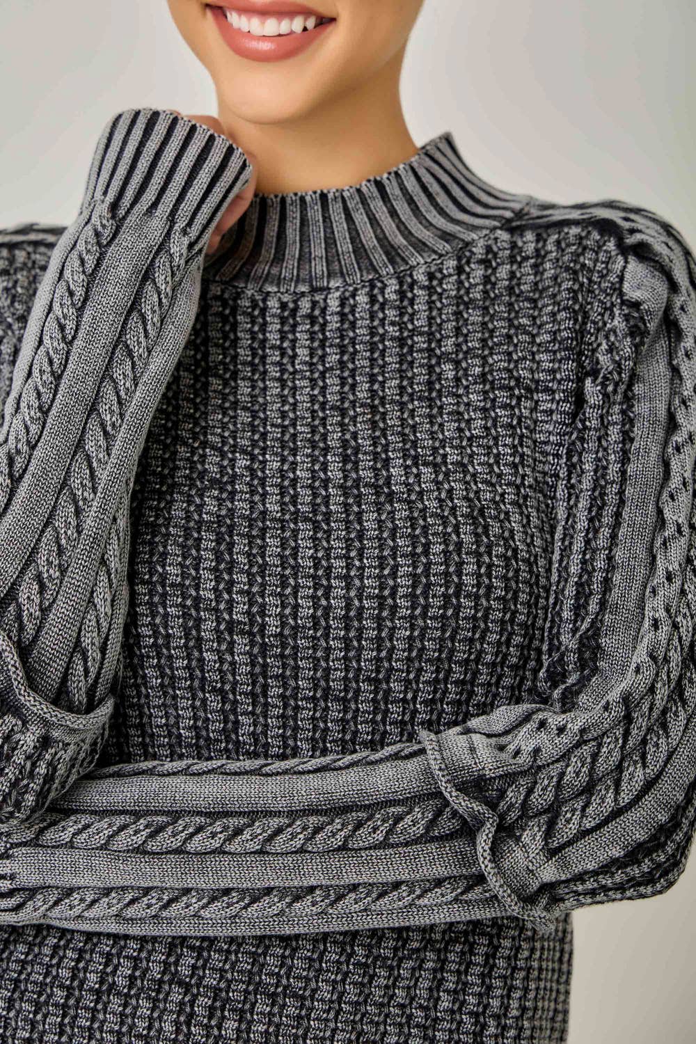 Washed Cable Knit Mock Neck Sweater