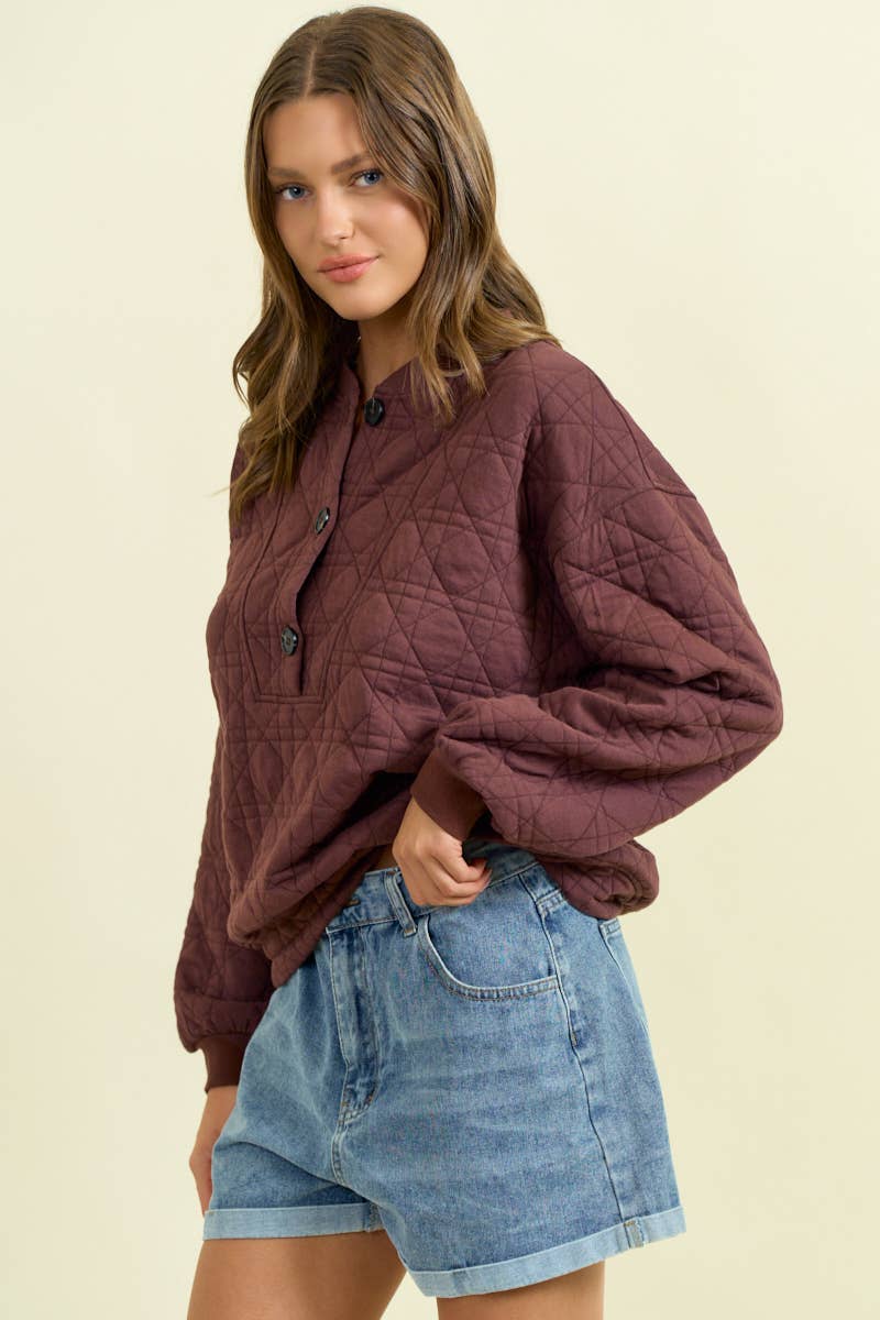 Brown Quilted Button Front Sweatshirt